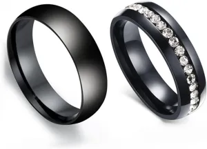 Couple Rings Black Ring Glossy Single Row Zircon, White Zircon Round Stainless Steel Couple Rings