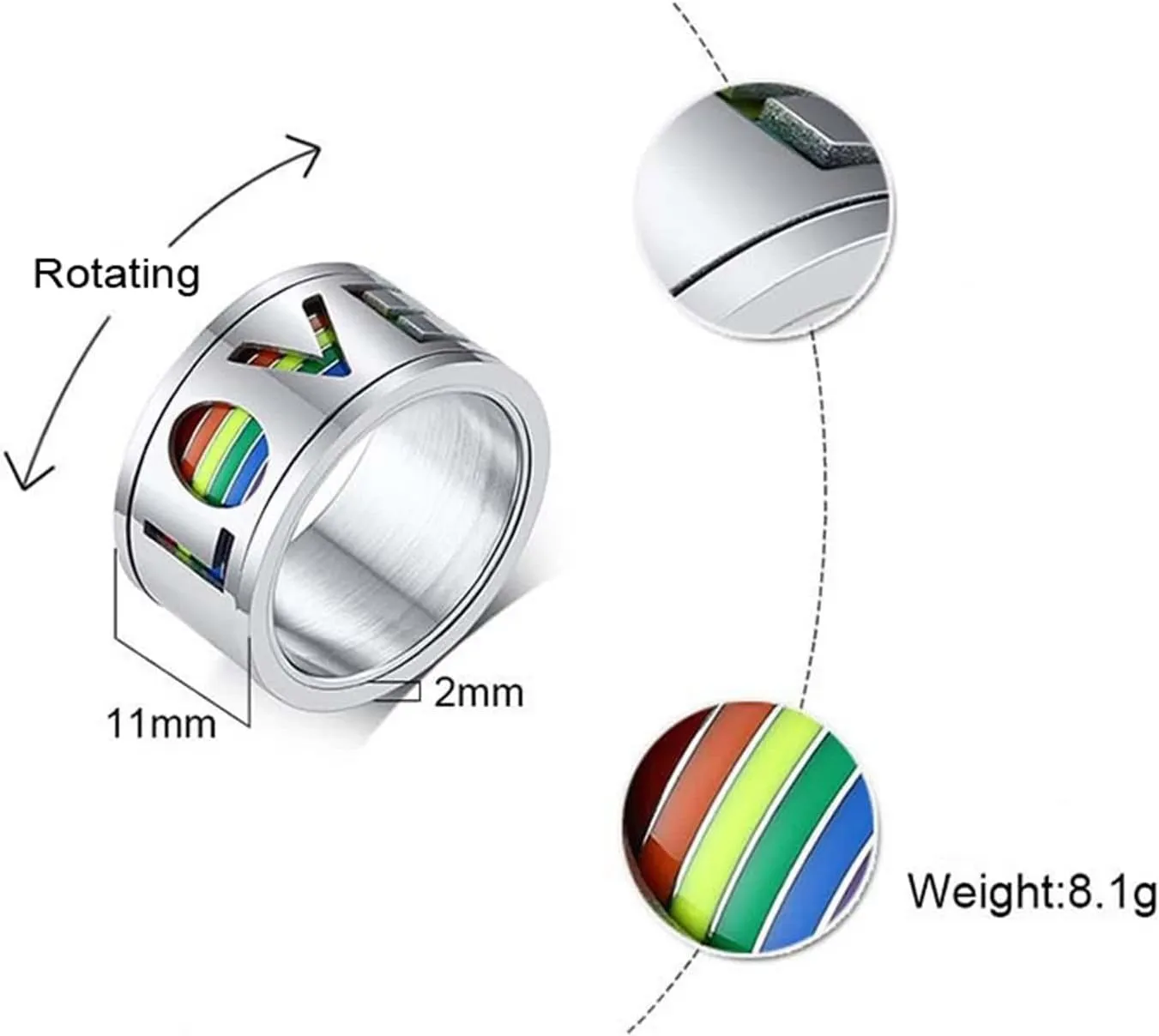 Couple Rings Customize Engagement Rings for Men and Women,Couple Promise Rings Stainless Steel Spinner Ring 11MM Silver Ring with LGBT Love Couple Ring Engagement
