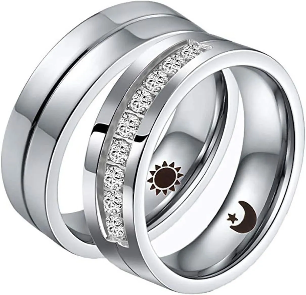 Couple Rings Customize Rings Wedding Couple,Stainless Steel Wedding Ring Silver Ring with 6MM Sun and Moon Couple Ring for Wedding
