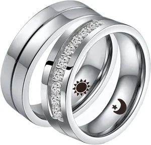 Couple Rings Customize Rings Wedding Couple,Stainless Steel Wedding Ring Silver Ring with 6MM Sun and Moon Couple Ring for Wedding