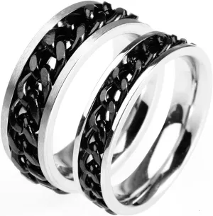 Couple Rings Engraving Men and Womens Wedding Rings,Rings Stainless Steel Wedding Black Ring with Cuban Chain Couple Promise Rings