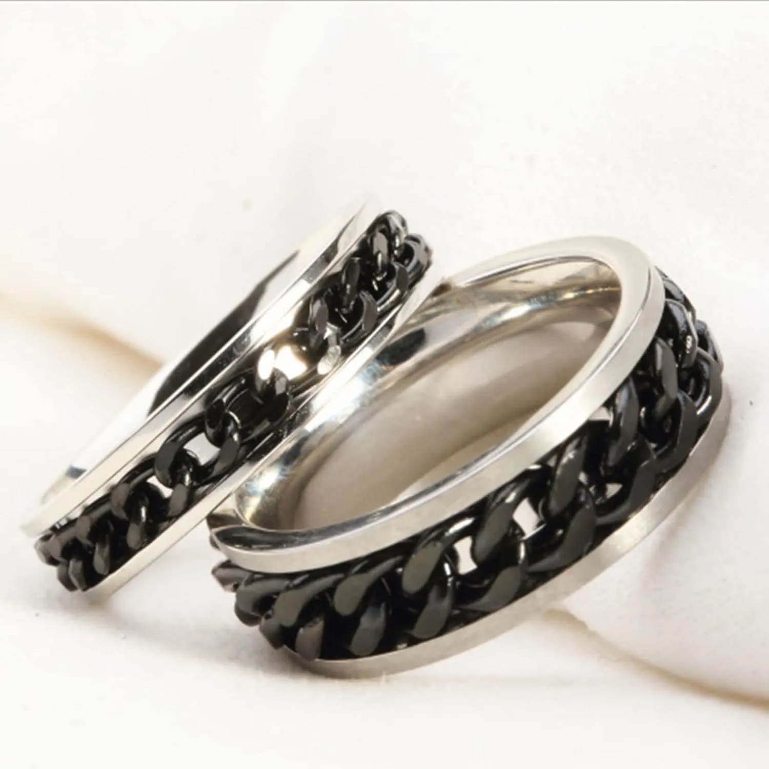 Couple Rings Engraving Men and Womens Wedding Rings,Rings Stainless Steel Wedding Black Ring with Cuban Chain Couple Promise Rings