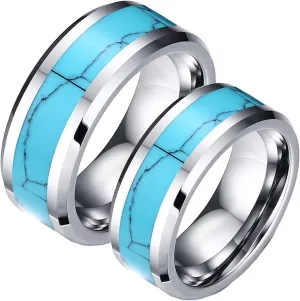 Couple Rings Engraving, Tungsten Engagement Ring 8mm Silver Ring Inlay Turquoise Valentine's Day Couple Rings