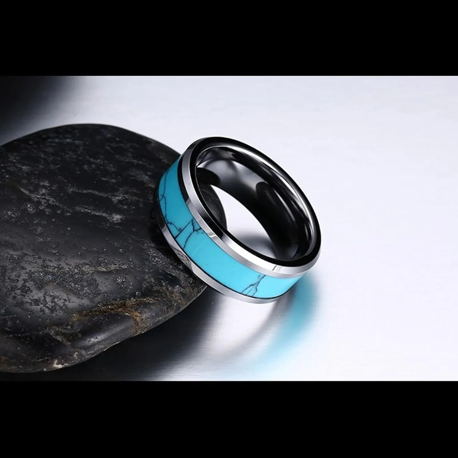 Couple Rings Engraving, Tungsten Engagement Ring 8mm Silver Ring Inlay Turquoise Valentine's Day Couple Rings