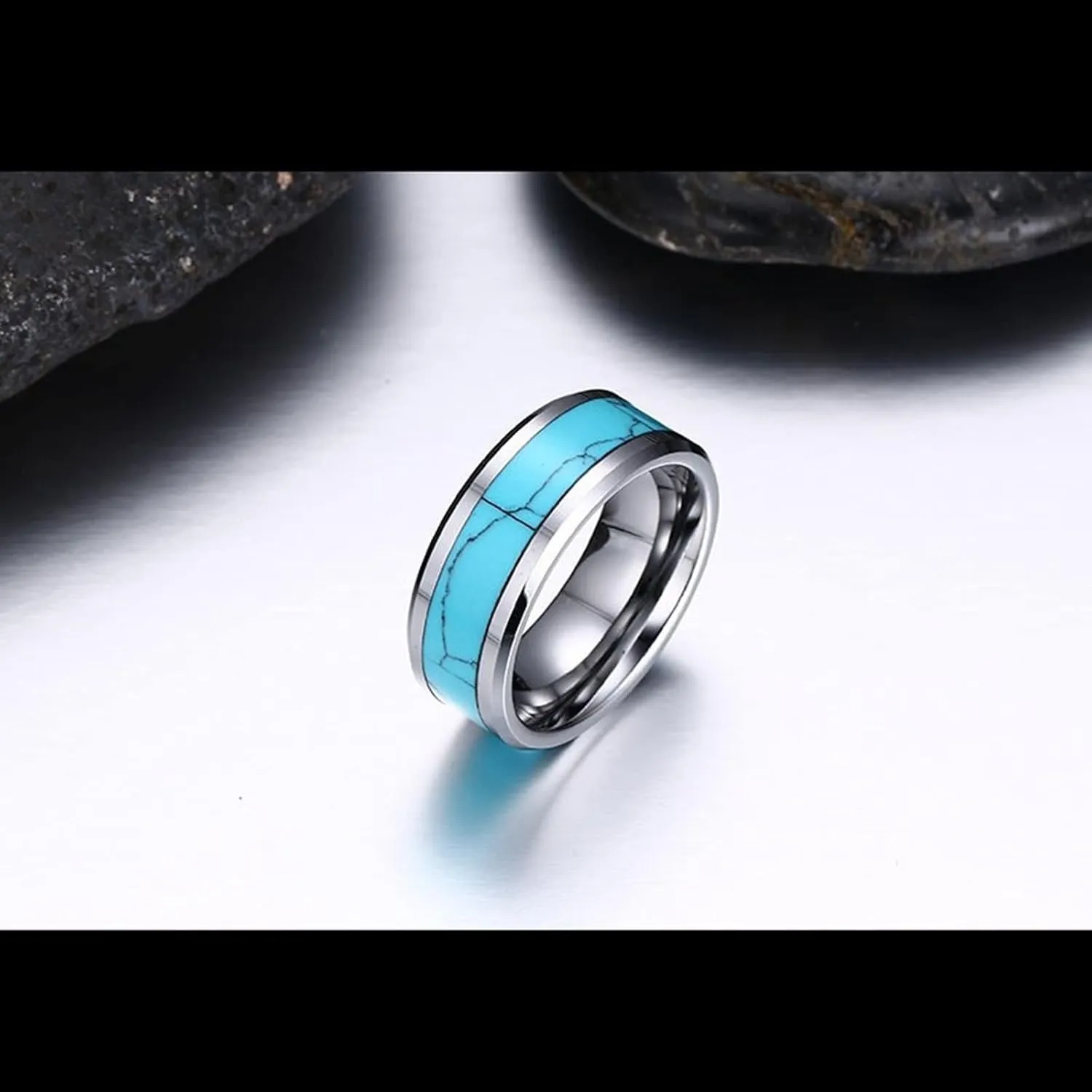 Couple Rings Engraving, Tungsten Engagement Ring 8mm Silver Ring Inlay Turquoise Valentine's Day Couple Rings