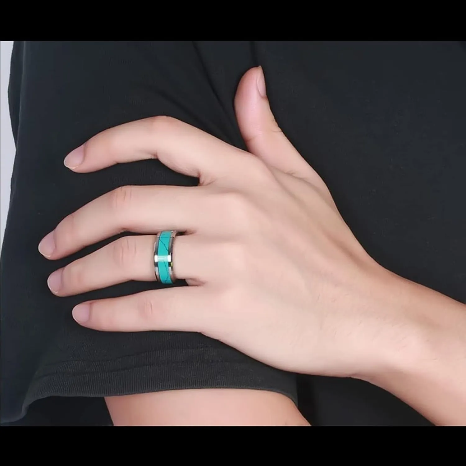Couple Rings Engraving, Tungsten Engagement Ring 8mm Silver Ring Inlay Turquoise Valentine's Day Couple Rings