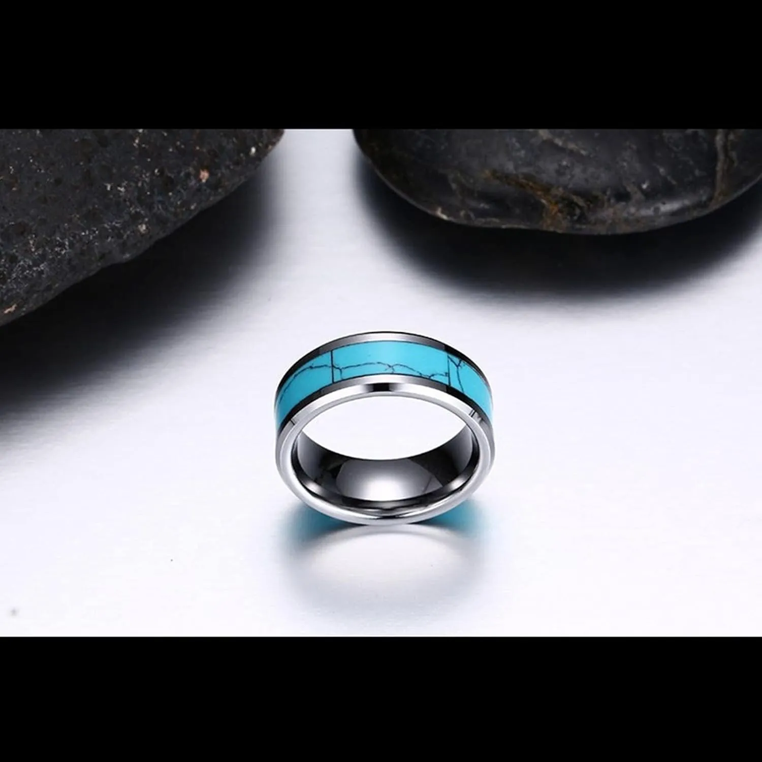 Couple Rings Engraving, Tungsten Engagement Ring 8mm Silver Ring Inlay Turquoise Valentine's Day Couple Rings