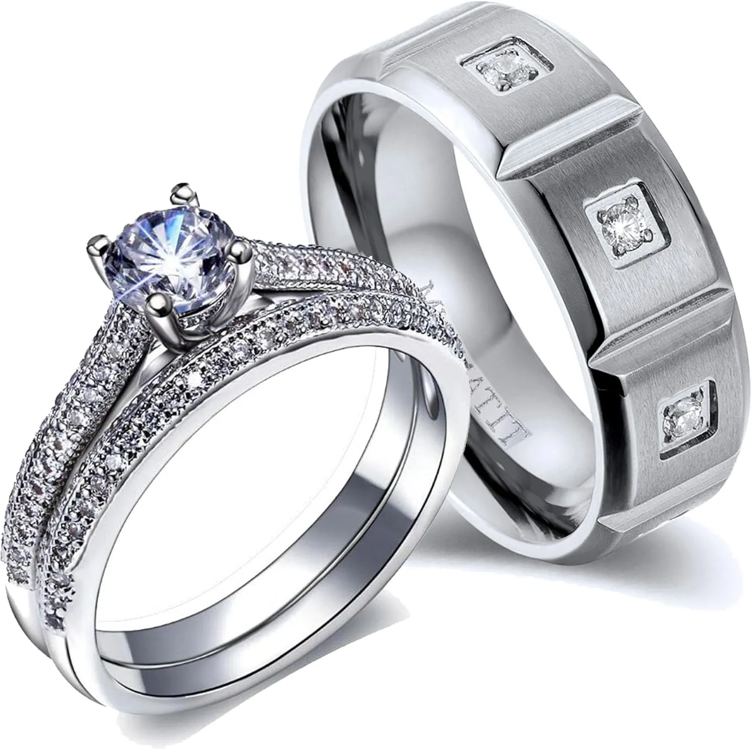 Couple Rings Matching Rings White Gold Plated 1CT AAA CZ 2pcs Women Wedding Ring Sets for Him and Her Rings Men Band