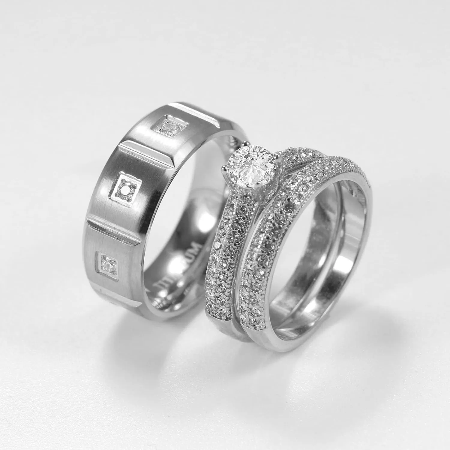 Couple Rings Matching Rings White Gold Plated 1CT AAA CZ 2pcs Women Wedding Ring Sets for Him and Her Rings Men Band