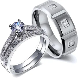 Couple Rings Matching Rings White Gold Plated 1CT AAA CZ 2pcs Women Wedding Ring Sets for Him and Her Rings Men Band