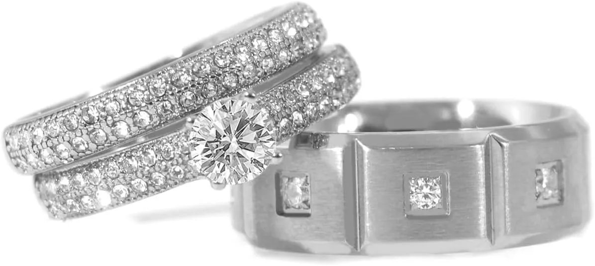 Couple Rings Matching Rings White Gold Plated 1CT AAA CZ 2pcs Women Wedding Ring Sets for Him and Her Rings Men Band