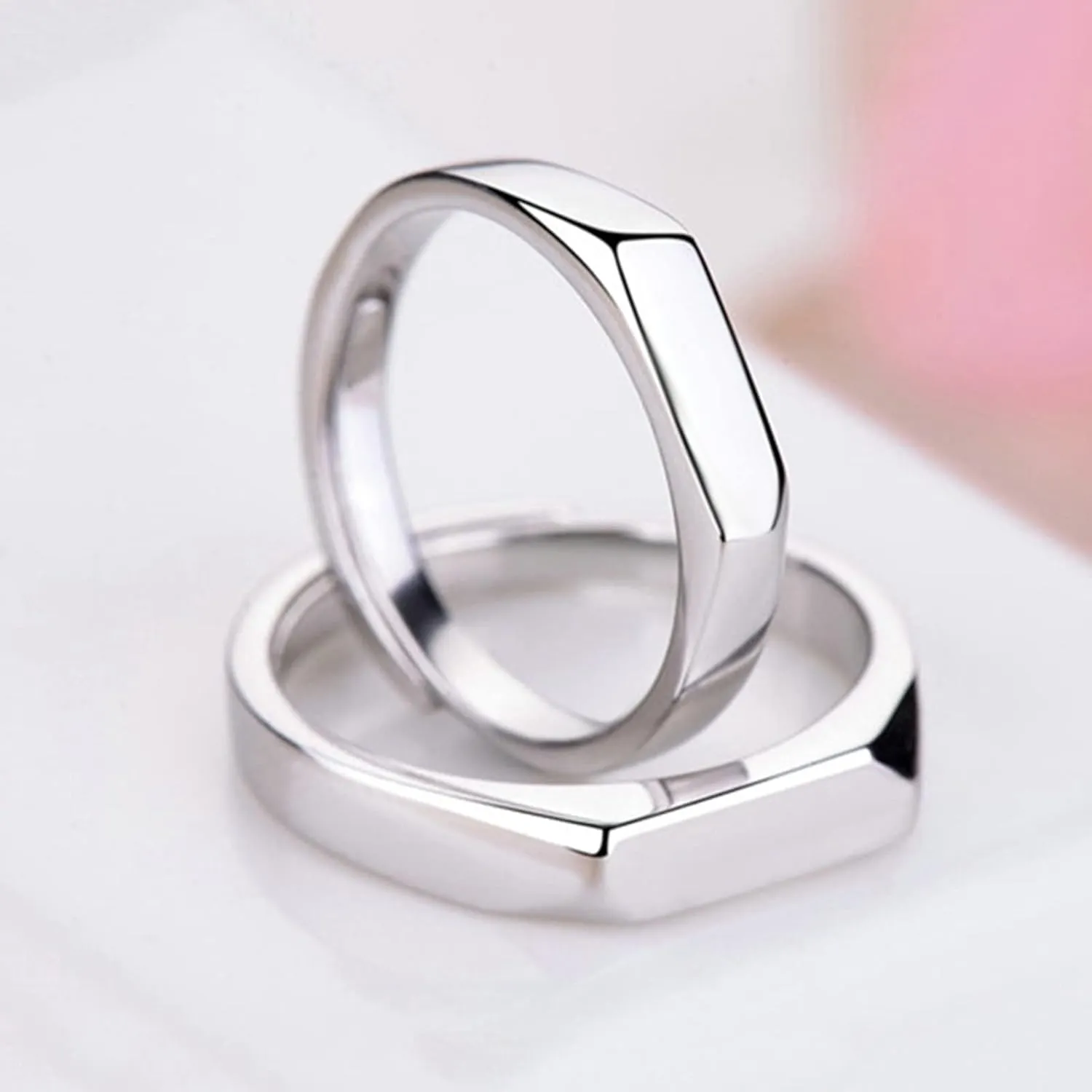 Couples Promise Rings Adjustable, Silver Rings Customizable Couples Silver Flat Ring and High Polished