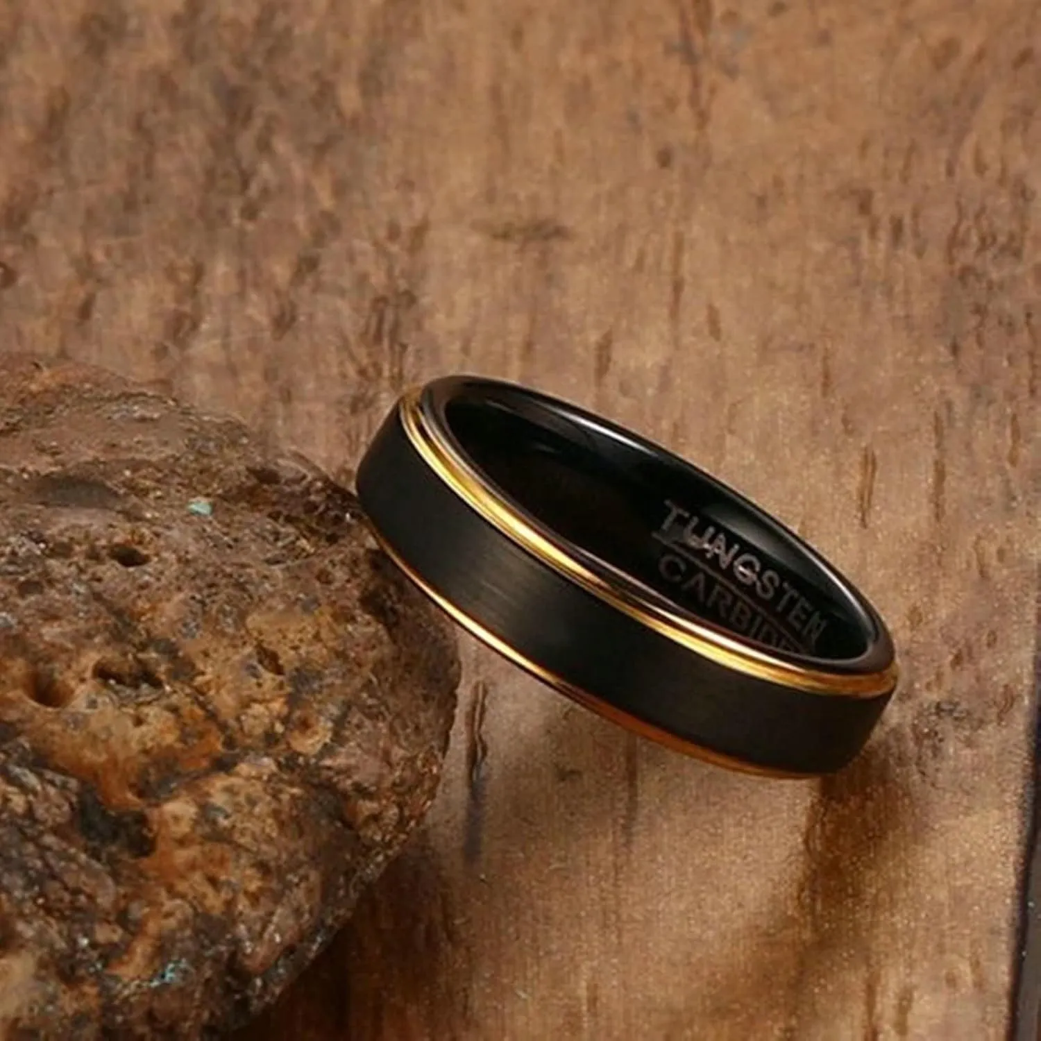 Couples Promise Rings Set, Tungsten Couples Wedding Rings Set Comfort Fit 5mm Black Brushed Ring with Gold Edge