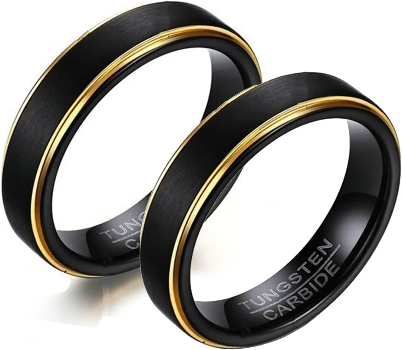 Couples Promise Rings Set, Tungsten Couples Wedding Rings Set Comfort Fit 5mm Black Brushed Ring with Gold Edge