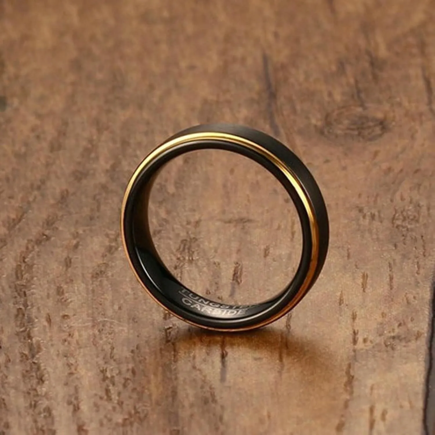 Couples Promise Rings Set, Tungsten Couples Wedding Rings Set Comfort Fit 5mm Black Brushed Ring with Gold Edge
