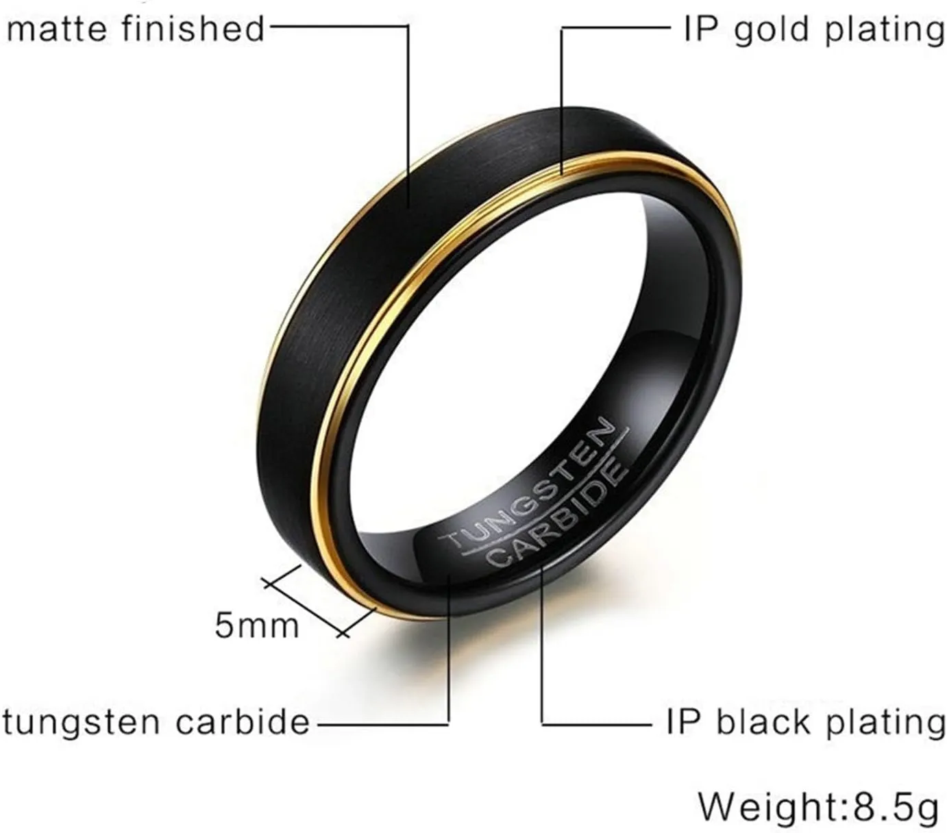 Couples Promise Rings Set, Tungsten Couples Wedding Rings Set Comfort Fit 5mm Black Brushed Ring with Gold Edge