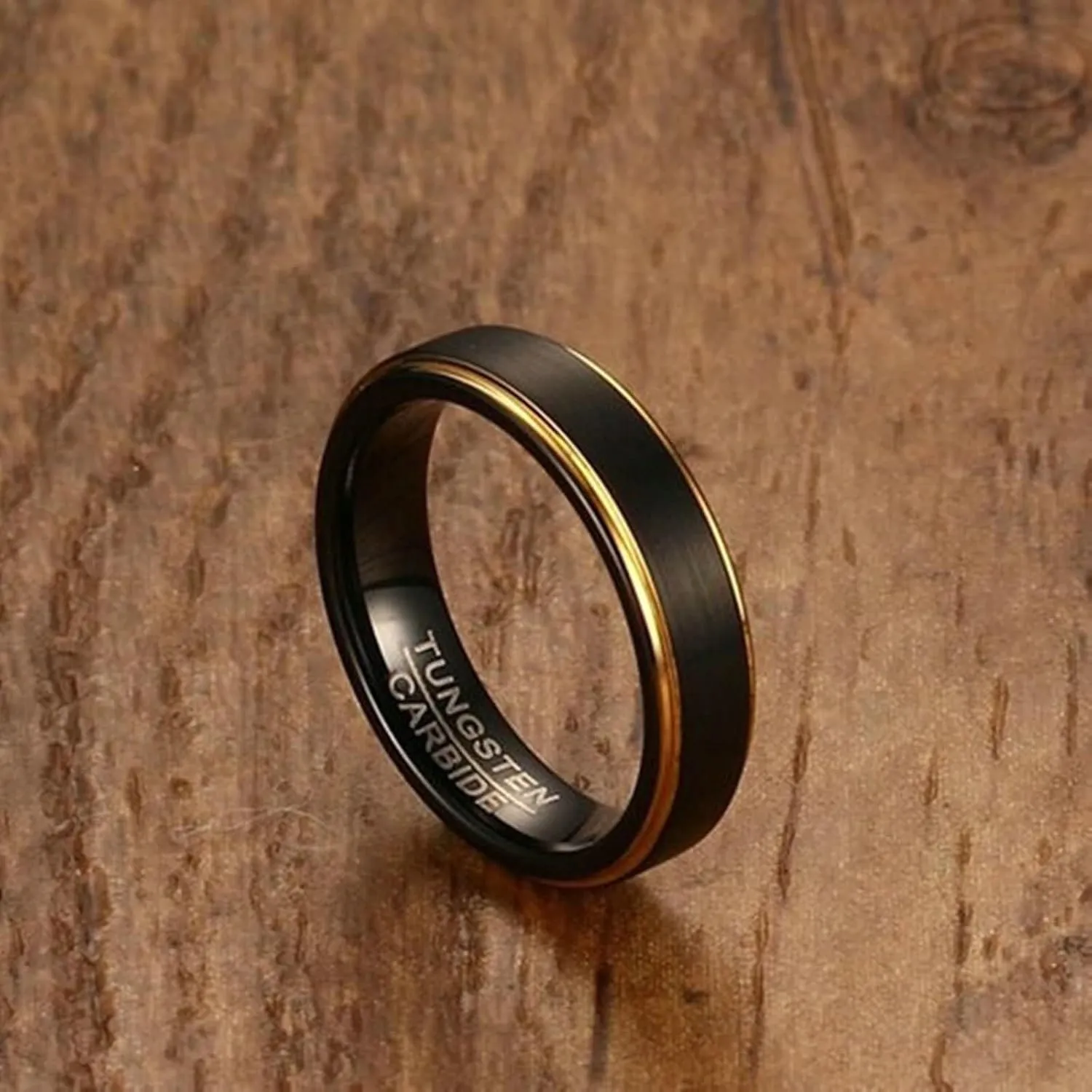 Couples Promise Rings Set, Tungsten Couples Wedding Rings Set Comfort Fit 5mm Black Brushed Ring with Gold Edge