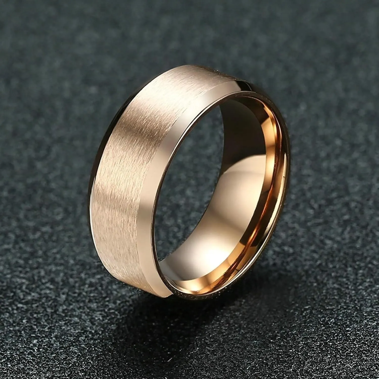 Couples Rings for Him and Her Set Promise Rings, Engagement Rings for Couples Set Stainless Steel Comfort Fit 8mm Rose Gold Ring with Beveled Edge
