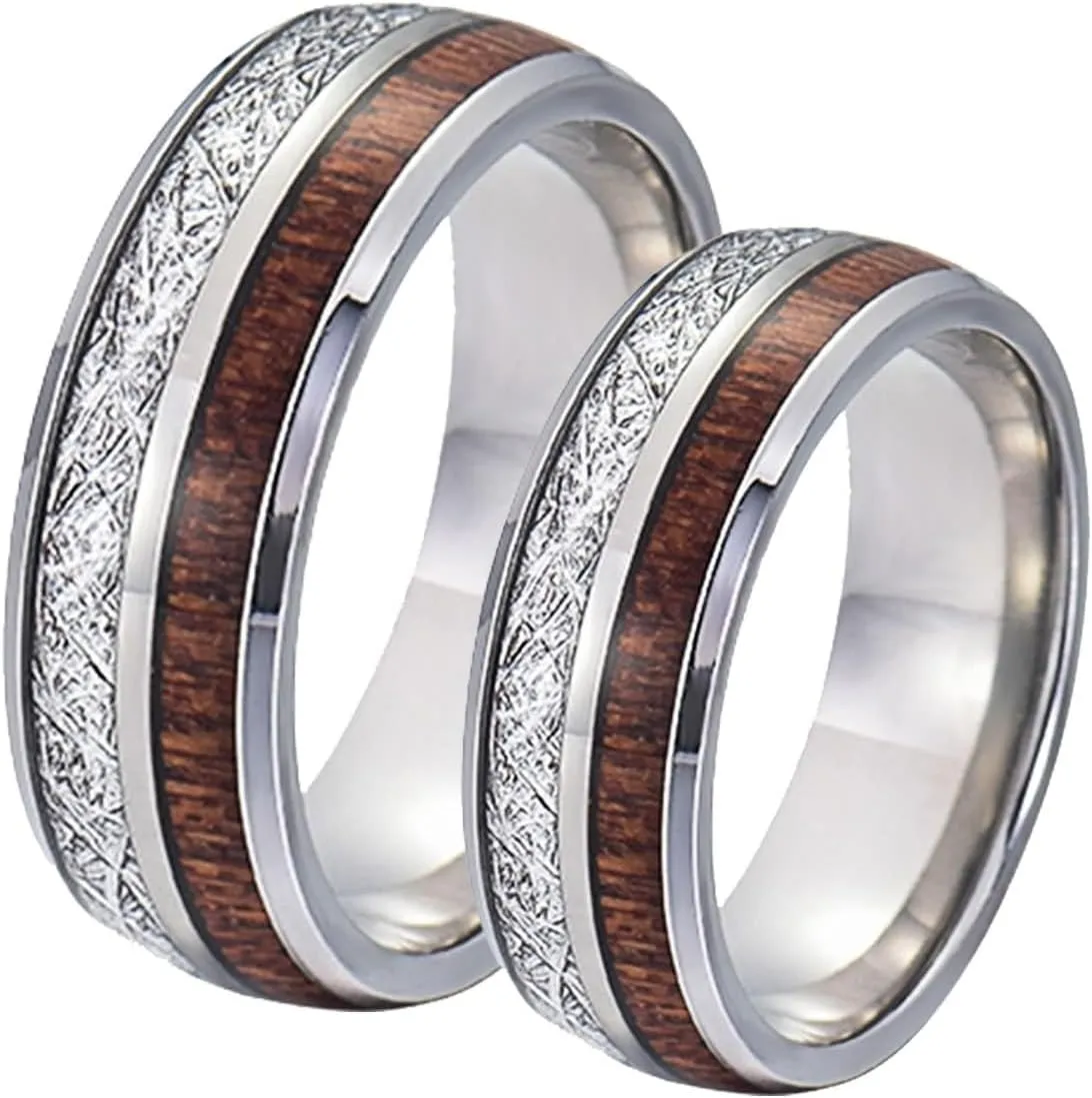 Couples Rings for Him and Her Set Promise Rings, Engagement Rings for Couples Set Tungsten Comfort Fit 8mm Silver Ring Inlay Wood and Metal