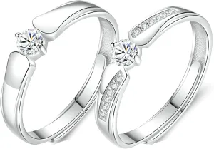 Couples Rings Wedding, Sterling Silver 925 Rings Engraved Adjustable Solitaire Ring with Cubic Zirconia