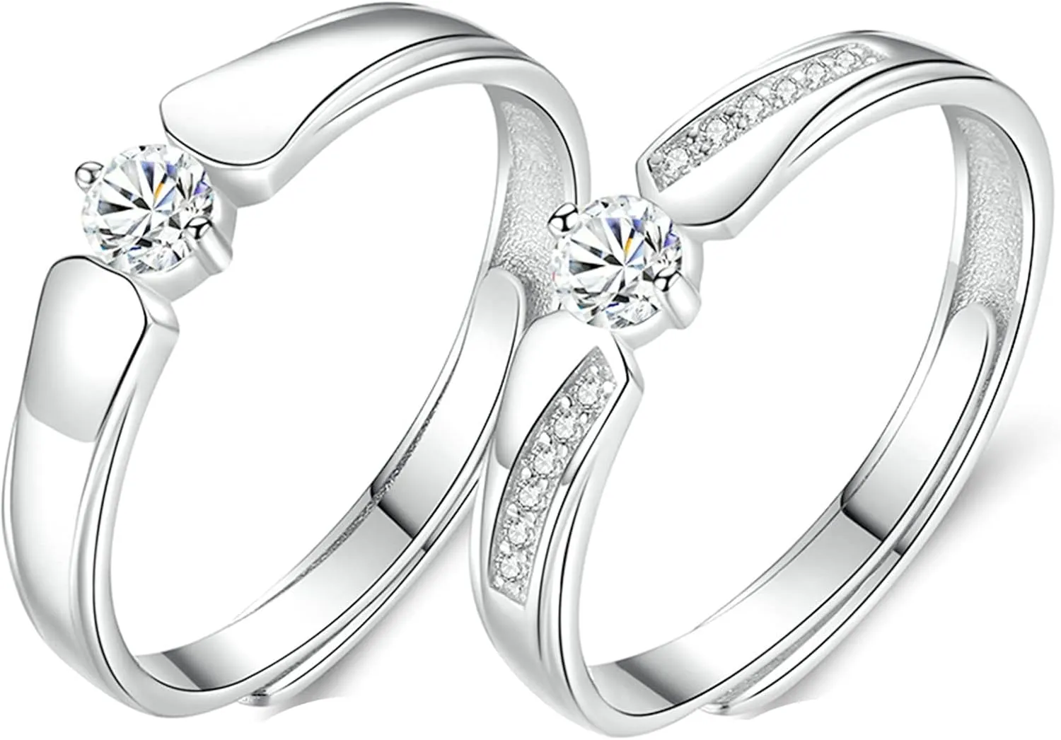 Couples Rings Wedding, Sterling Silver 925 Rings Engraved Adjustable Solitaire Ring with Cubic Zirconia