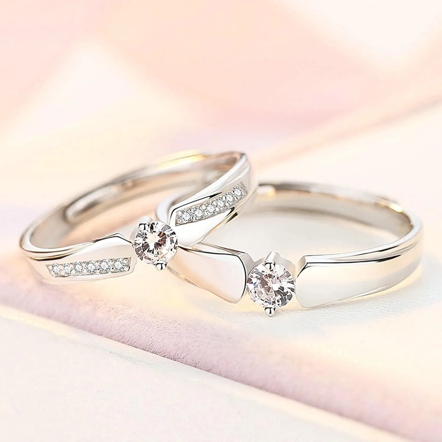 Couples Rings Wedding, Sterling Silver 925 Rings Engraved Adjustable Solitaire Ring with Cubic Zirconia