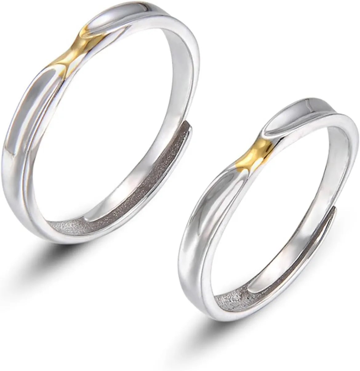 Couples Wedding Rings, Sterling Silver 925 Rings Engraved Adjustable Silver Gold Ring Polished