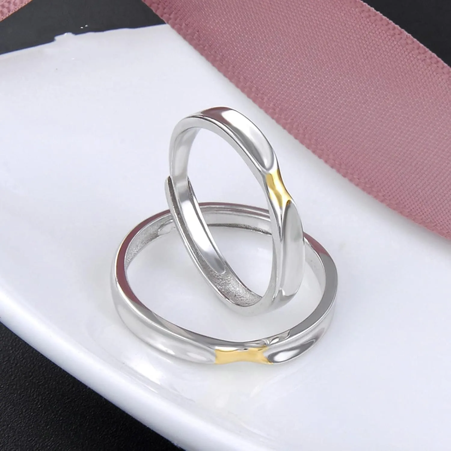 Couples Wedding Rings, Sterling Silver 925 Rings Engraved Adjustable Silver Gold Ring Polished