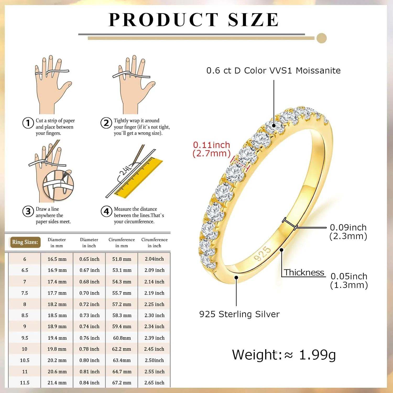 Crisss Cross Ring, Moissanite Wedding Band, 14K Gold Plated Sterling Silver Wedding Rings for Women Stackable Bezel/Curve/Wishbone Eternity Ring for Her, Size 6-10