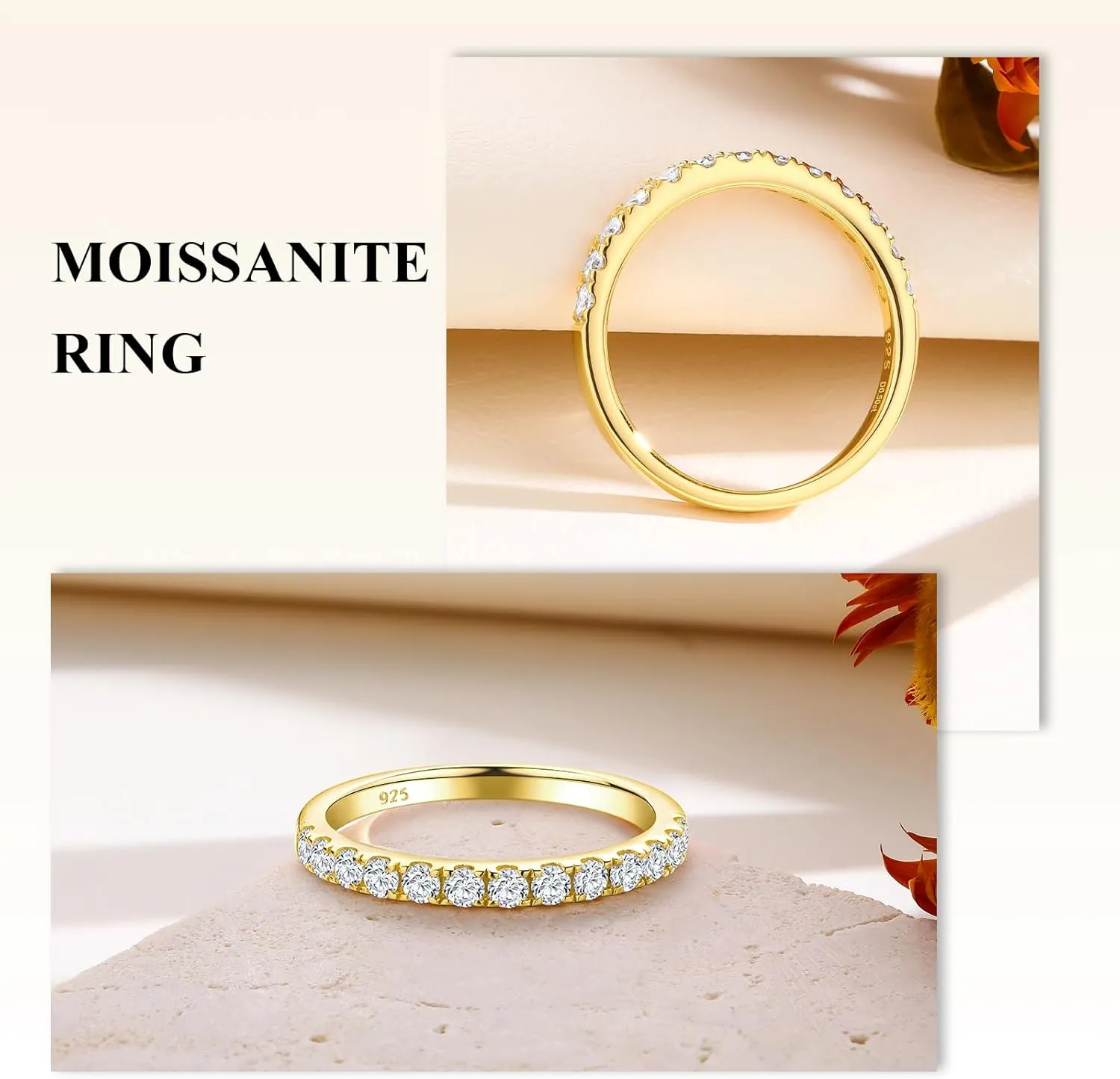 Crisss Cross Ring, Moissanite Wedding Band, 14K Gold Plated Sterling Silver Wedding Rings for Women Stackable Bezel/Curve/Wishbone Eternity Ring for Her, Size 6-10