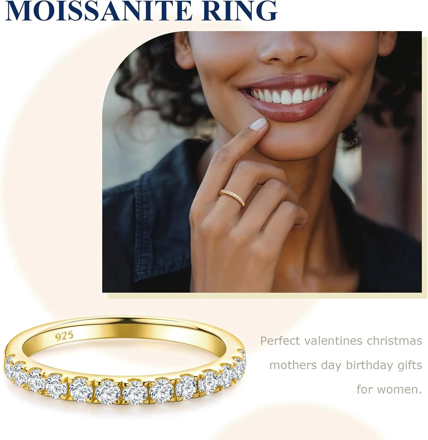 Crisss Cross Ring, Moissanite Wedding Band, 14K Gold Plated Sterling Silver Wedding Rings for Women Stackable Bezel/Curve/Wishbone Eternity Ring for Her, Size 6-10