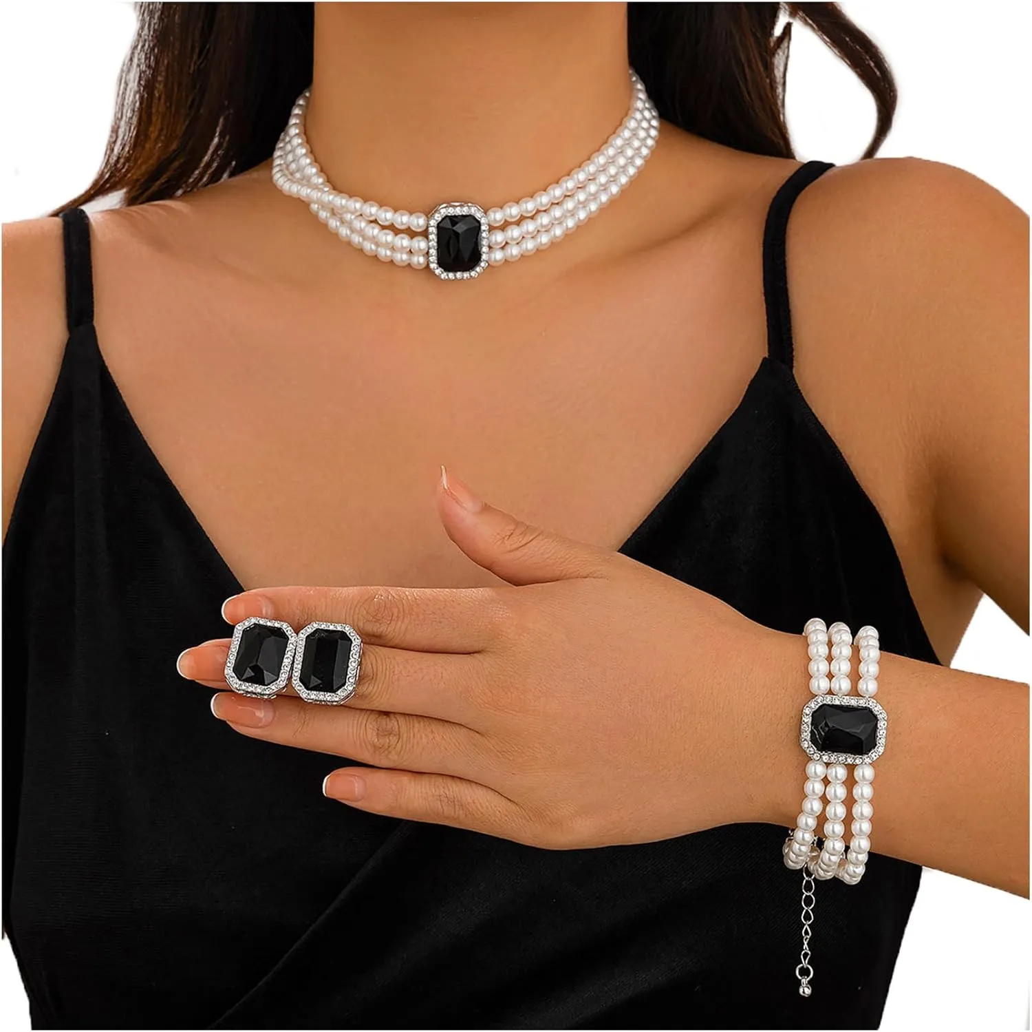 Crystal Choker Necklace for Women Earring Necklace&Bracelet Set Fashion Gemstone Pearl Necklace for Party and Wedding