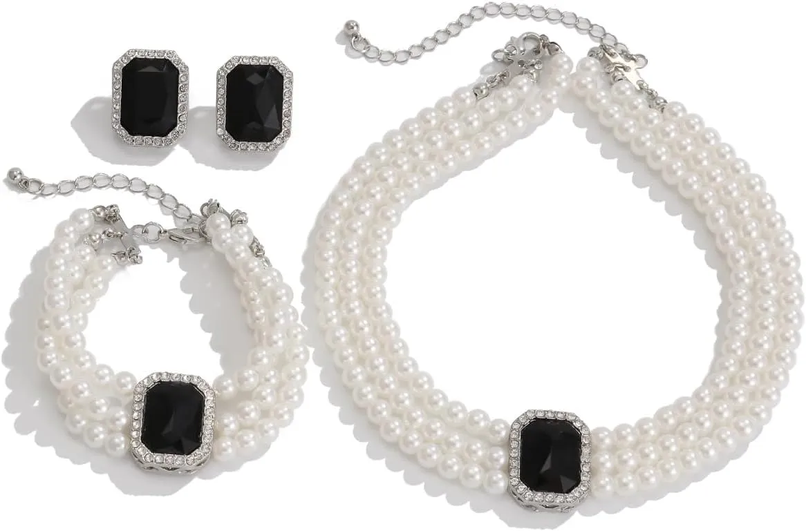 Crystal Choker Necklace for Women Earring Necklace&Bracelet Set Fashion Gemstone Pearl Necklace for Party and Wedding
