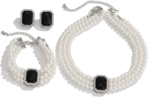 Crystal Choker Necklace for Women Earring Necklace&Bracelet Set Fashion Gemstone Pearl Necklace for Party and Wedding