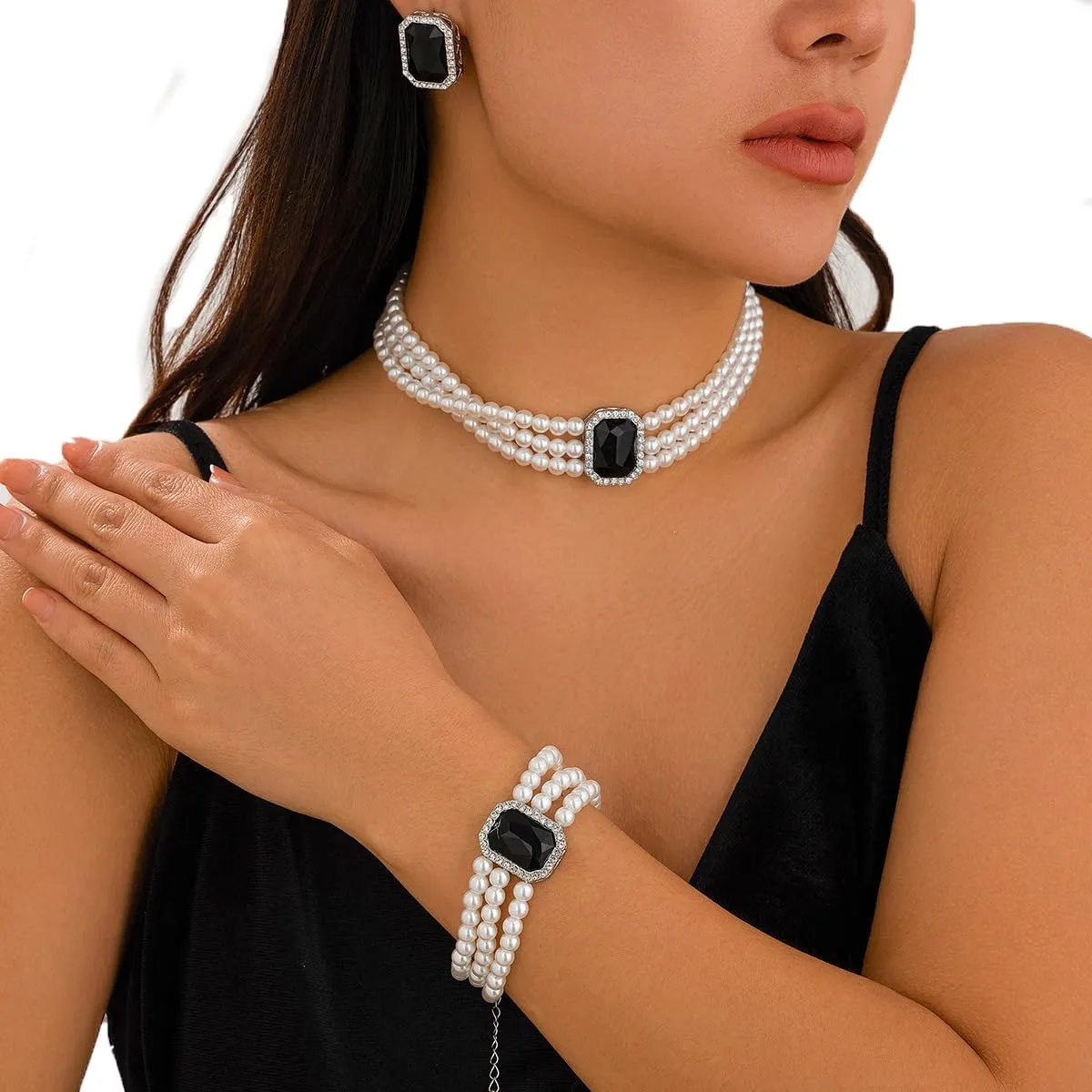 Crystal Choker Necklace for Women Earring Necklace&Bracelet Set Fashion Gemstone Pearl Necklace for Party and Wedding