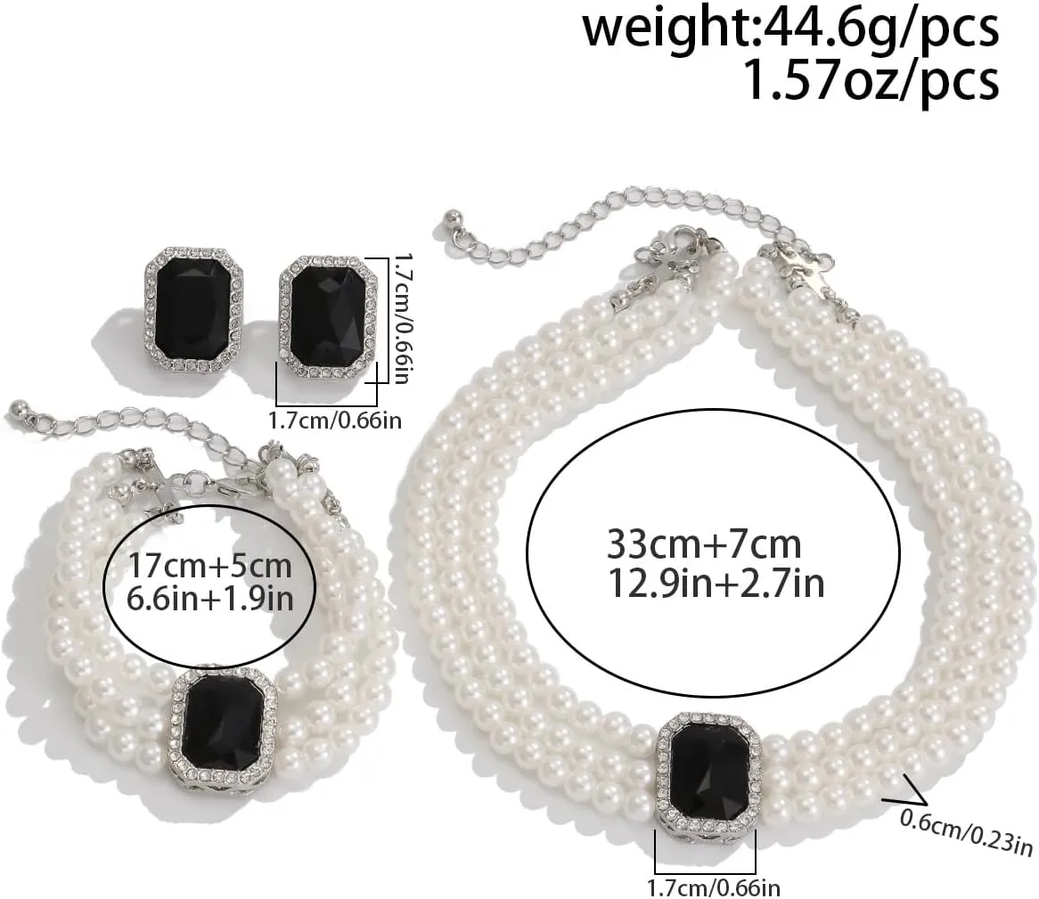 Crystal Choker Necklace for Women Earring Necklace&Bracelet Set Fashion Gemstone Pearl Necklace for Party and Wedding