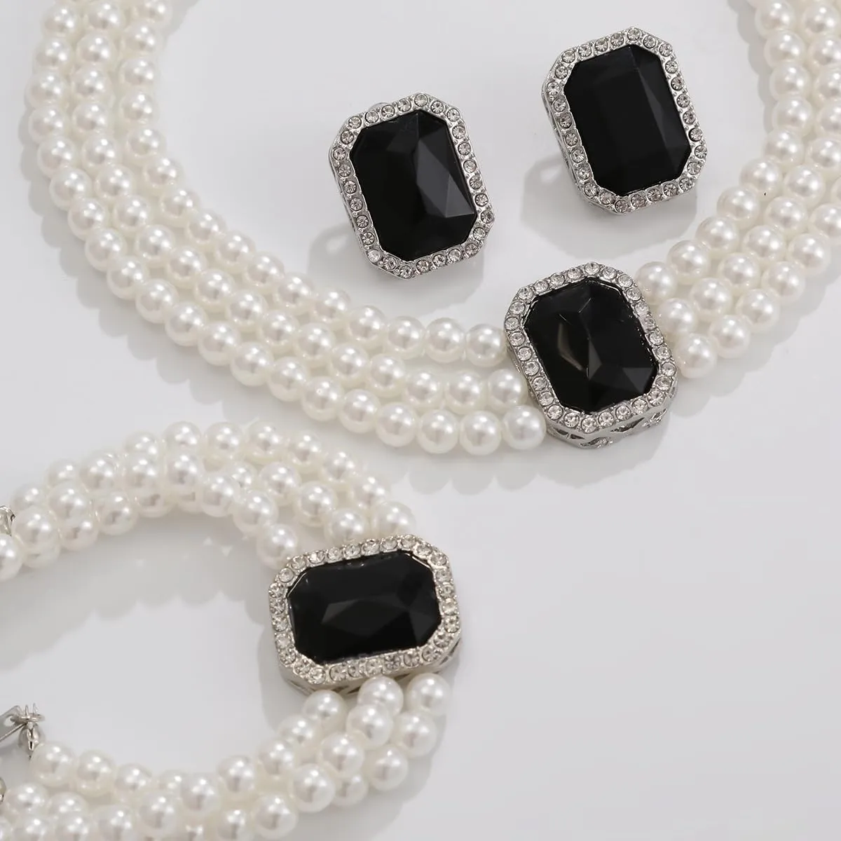 Crystal Choker Necklace for Women Earring Necklace&Bracelet Set Fashion Gemstone Pearl Necklace for Party and Wedding
