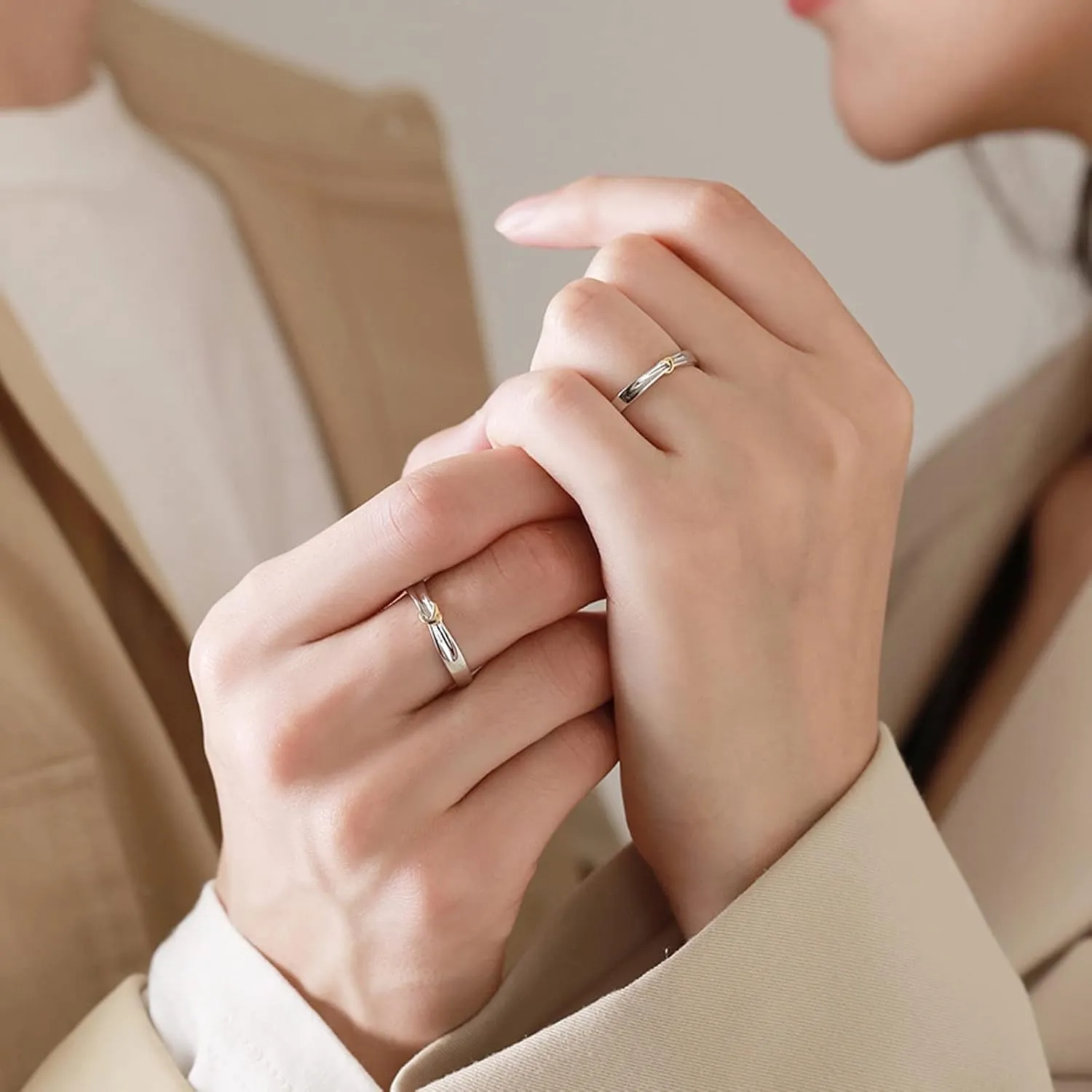 Custom Couple Rings Set, Promise Rings for Couples Silver 925 Adjustable Gold Love Knot Ring