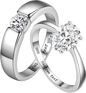 Custom Matching Sterling Silver Personalized Wedding and Engagement Ring Set for Couples