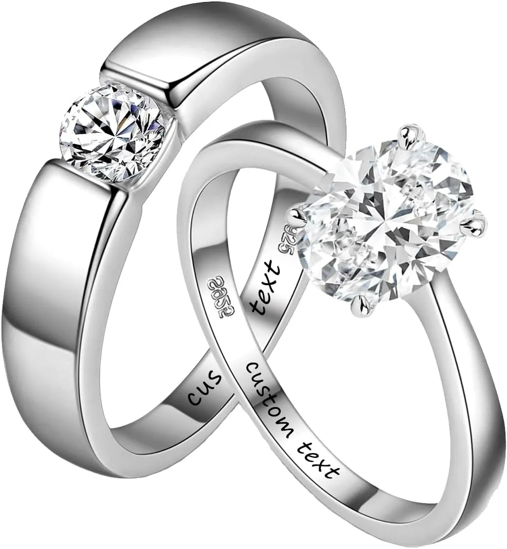 Custom Matching Sterling Silver Personalized Wedding and Engagement Ring Set for Couples