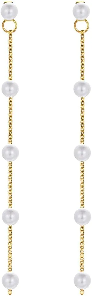 Dainty Boho Pearl Tassel Earrings - Wedding Pearl Chain Earrings for Women