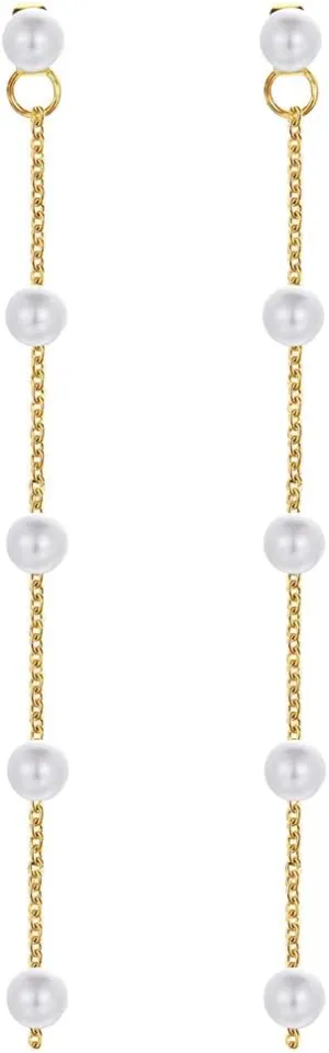 Dainty Boho Pearl Tassel Earrings - Wedding Pearl Chain Earrings for Women