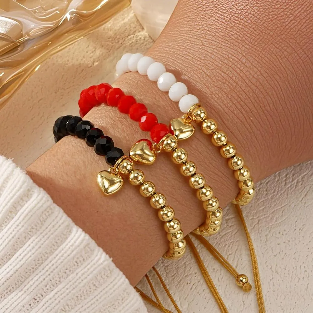 Dainty Heart Gold Plated Beaded Adjustable Bracelet for Women, Handmade Boho Black Red White Beads Statement Trendy Prom Valentine Jewelry Gift
