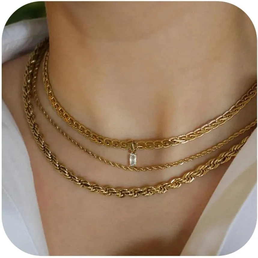 Dainty Layering Necklaces for Women 18K Gold Plated Rope Chain Vintage Waterproof Anti Tarnish Layered Choker Necklace