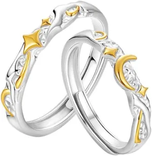 Dainty Star Moon Couple Promise Ring for Women Men 925 Sterling Silver Matching Cute Luck Star Crescent Adjustable Stacking Band Rings Statement Wedding Party Delicate Anniversary Jewelry Gift for Her