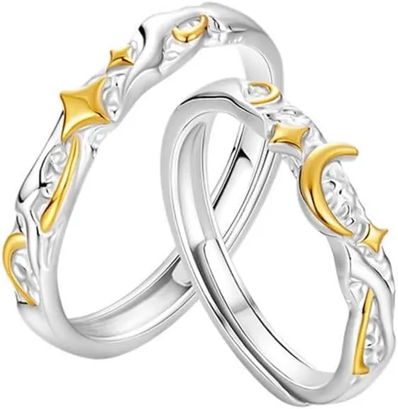 Dainty Star Moon Couple Promise Ring for Women Men 925 Sterling Silver Matching Cute Luck Star Crescent Adjustable Stacking Band Rings Statement Wedding Party Delicate Anniversary Jewelry Gift for Her