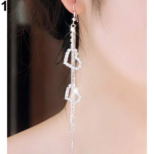 Dangle Earrings Lady Rhinestone Double Love Heart Drop Long Tassels Chain Dangle Linear Earrings Silver
