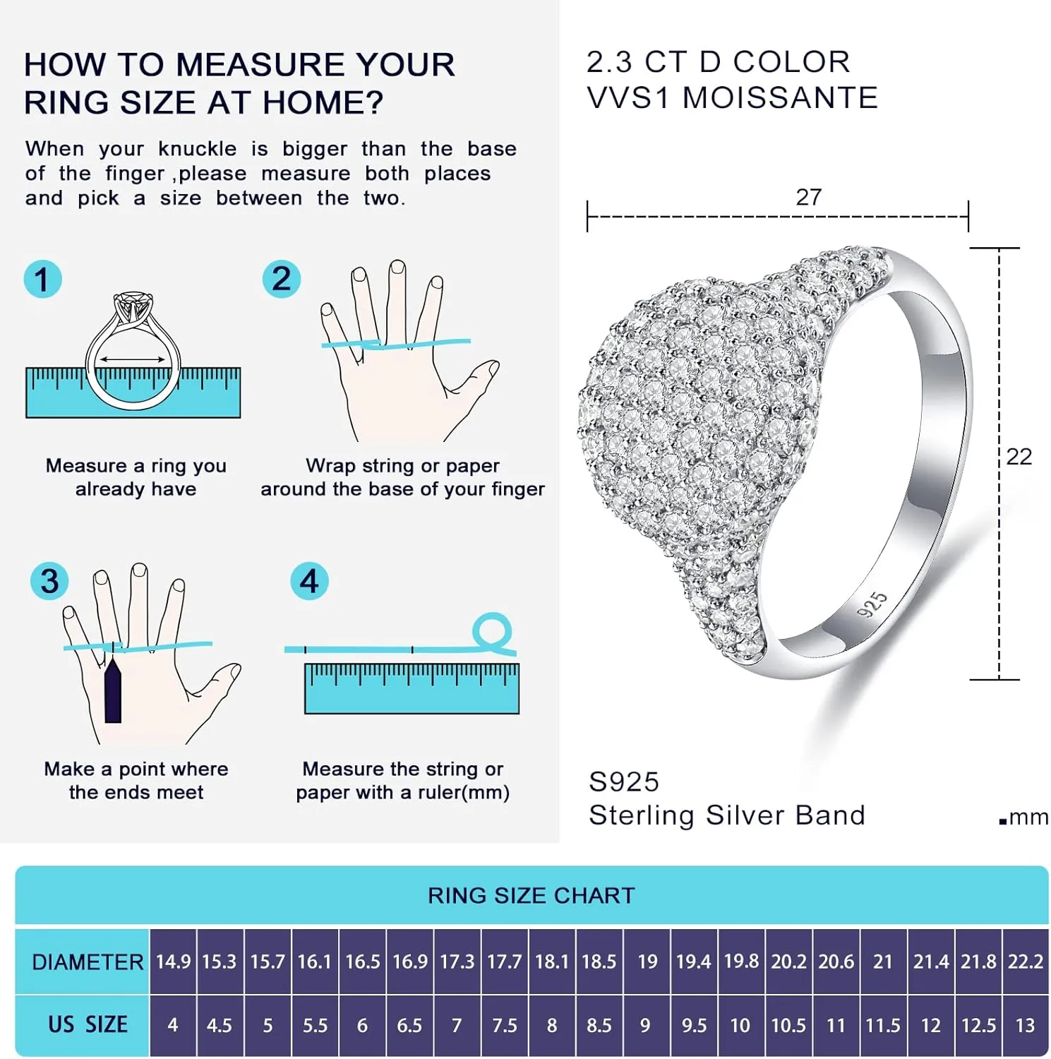 DAYBYDAY Moissanite Rings for Women, 925 Sterling Silver Round/Pear/Heart/Oval Cut Lab Created Diamond Ring, 1-3ct D Color VVS1 Moissanite Engagement Wedding Rings