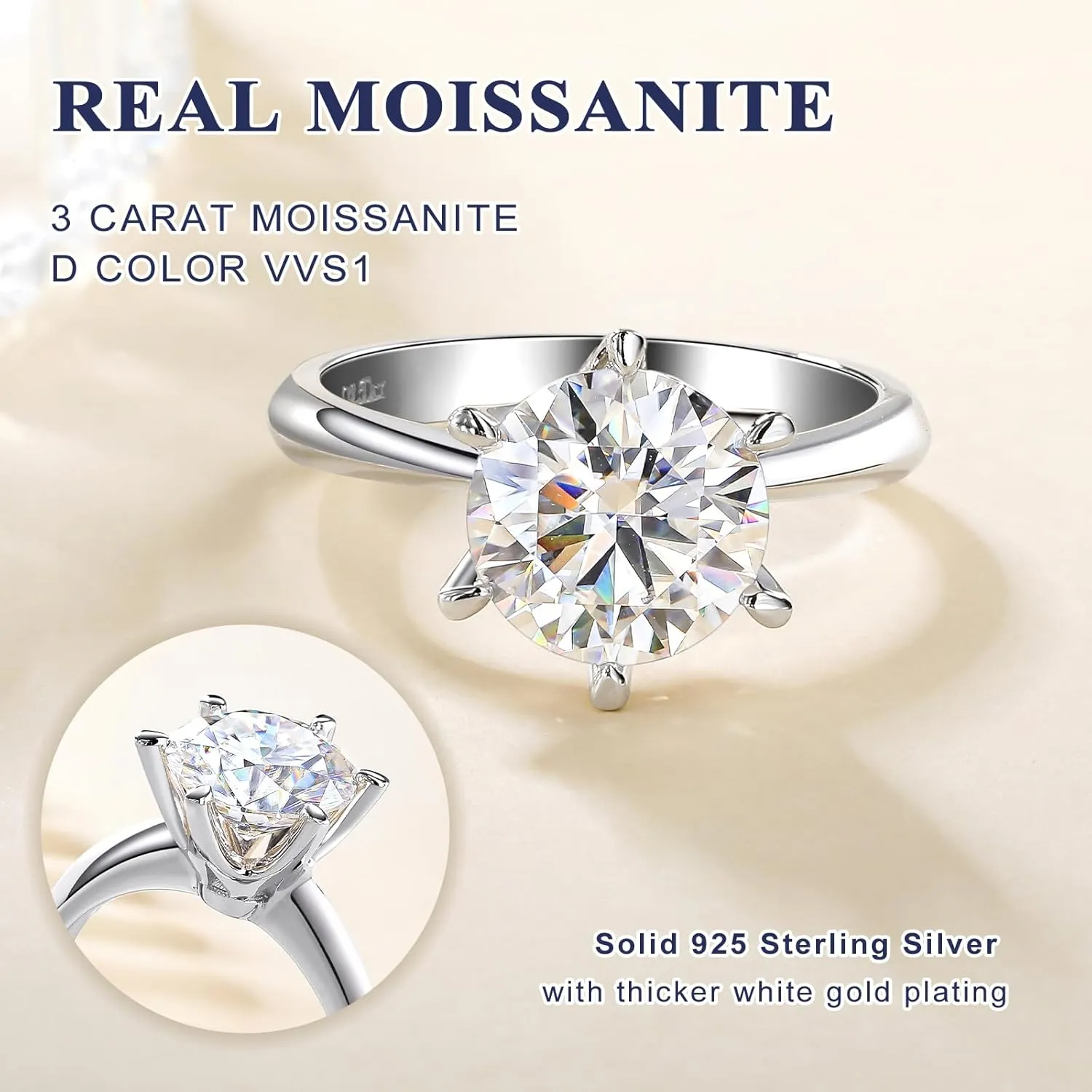 DAYBYDAY Moissanite Rings for Women, 925 Sterling Silver Round/Pear/Heart/Oval Cut Lab Created Diamond Ring, 1-3ct D Color VVS1 Moissanite Engagement Wedding Rings