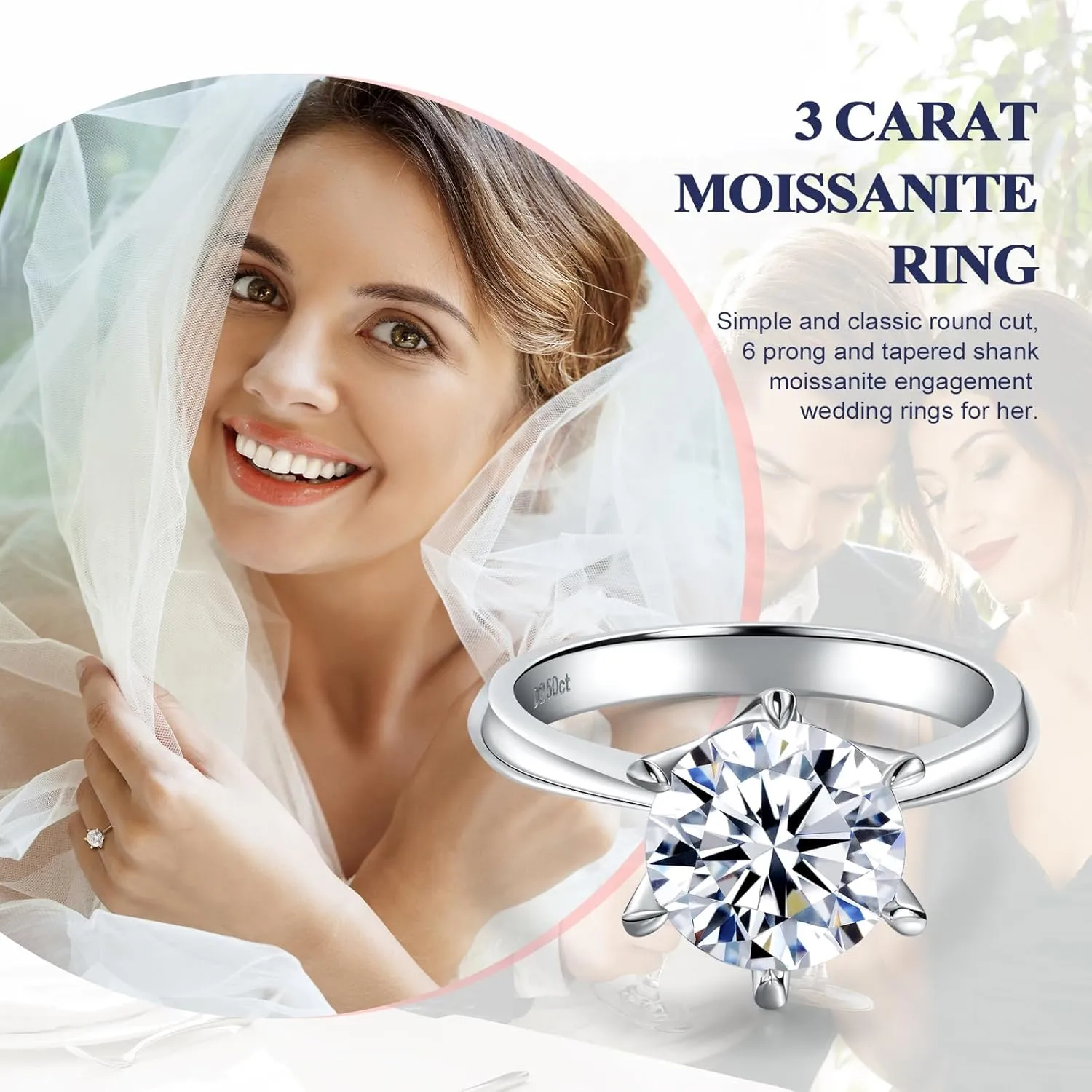 DAYBYDAY Moissanite Rings for Women, 925 Sterling Silver Round/Pear/Heart/Oval Cut Lab Created Diamond Ring, 1-3ct D Color VVS1 Moissanite Engagement Wedding Rings